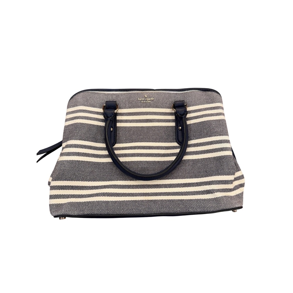 Kate Spade New York Navy White Striped Canvas Satchel Handbag Leather Trim